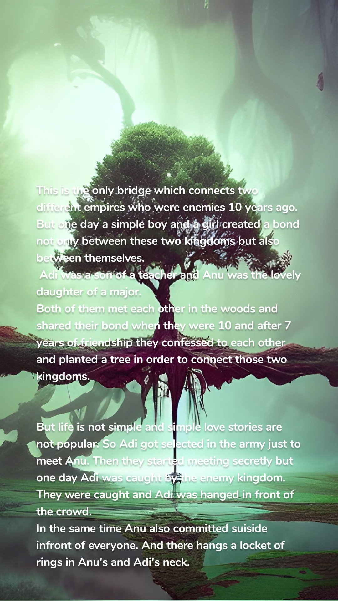 This is the only bridge which connects two different empires who were enemies 10 years ago. 
But one day a simple boy and a girl created a bond not only between these two kingdoms but also between themselves.
 Adi was a son of a teacher and Anu was the lovely daughter of a major.
Both of them met each other in the woods and shared their bond when they were 10 and after 7 years of friendship they confessed to each other and planted a tree in order to connect those two kingdoms.


But life is not simple and simple love stories are not popular. So Adi got selected in the army just to meet Anu. Then they started meeting secretly but one day Adi was caught by the enemy kingdom. They were caught and Adi was hanged in front of the crowd.
In the same time Anu also committed suiside infront of everyone. And there hangs a locket of rings in Anu's and Adi's neck.